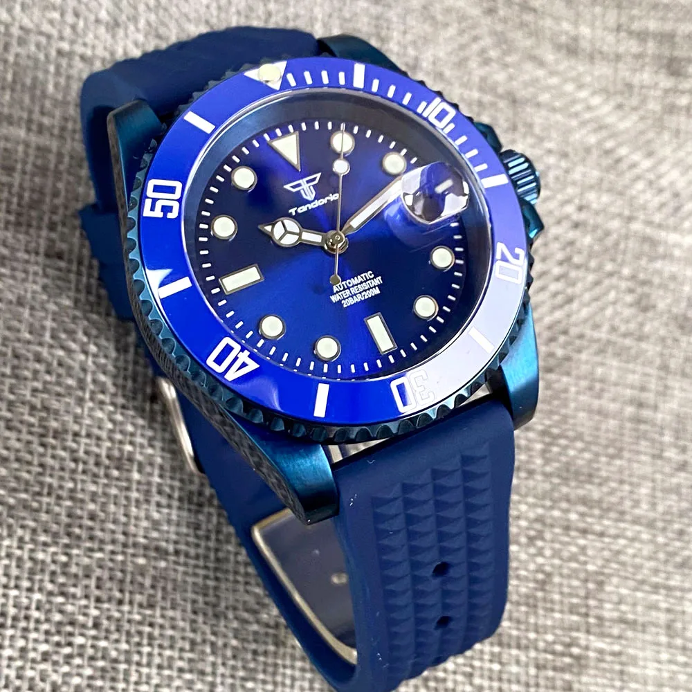 40mm Tandorio 20atm blau beschichtete Männer Uhr Saphirglas Datum Japan Nh35 automatische leuchtende blaue Sunburst Zifferblatt Waffel armband Datum