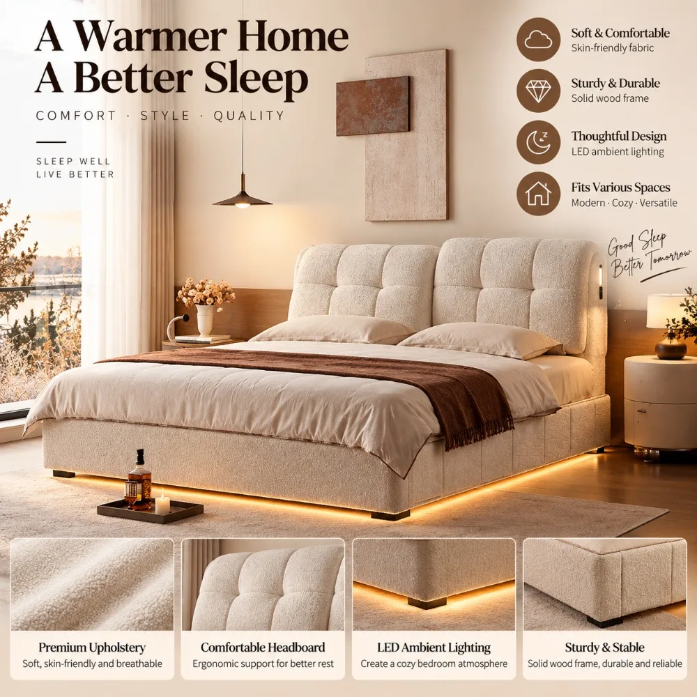 French Retro Chenille Puff‑Style Upholstered Double Bed, Adjustable Headboard High‑Box Storage Fabric Bed for Master Bedroom