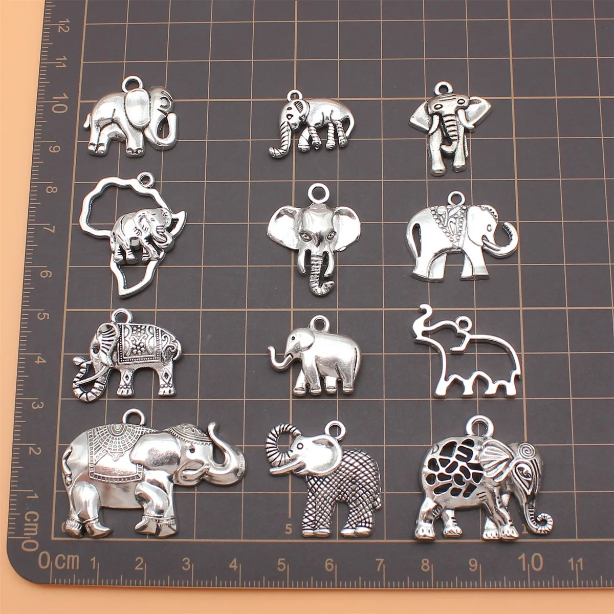 12pcs Antique Silver Color Elephant Charms Collection For DIY Jewelry Making, 12 Styles, 1 of Each