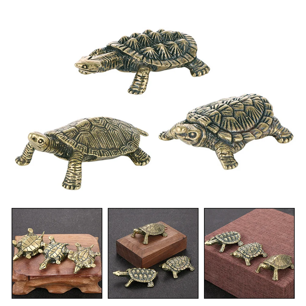 

3pcs Retro Tortoise Statue Mini For Home Decor Desktop Cabinet Showcase Ornament Exquisite Small Turtle Vintage Style Brass