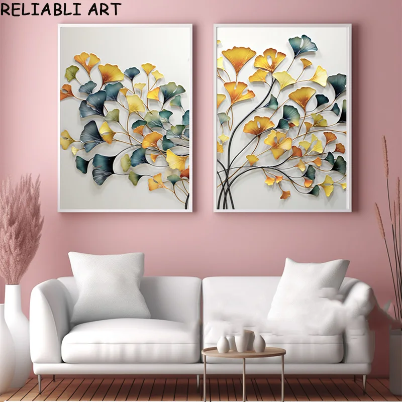 Abstract Ginkgo Biloba Leaves Poster and Prints Landscape Canvas Painting Wall Art Pictures for Living Room Home Decor No Frame