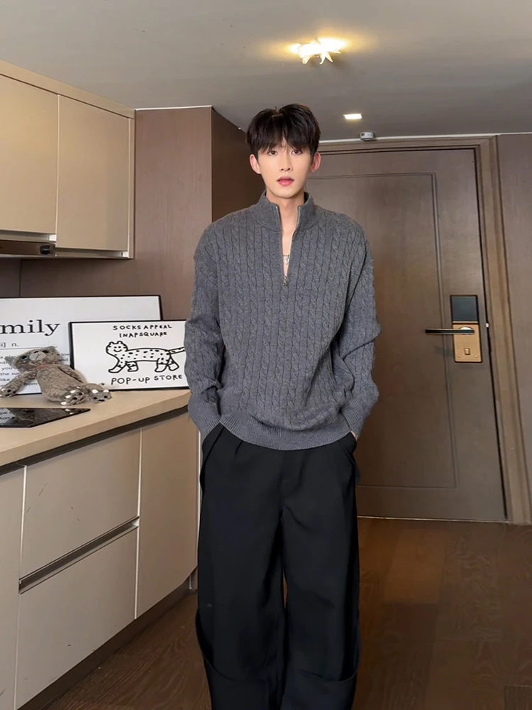 

Мужской свитер с высоким воротником и узором косы, на молнии, легкий, в американском ретро-стиле, весенний, для ношения под верхней одеждой