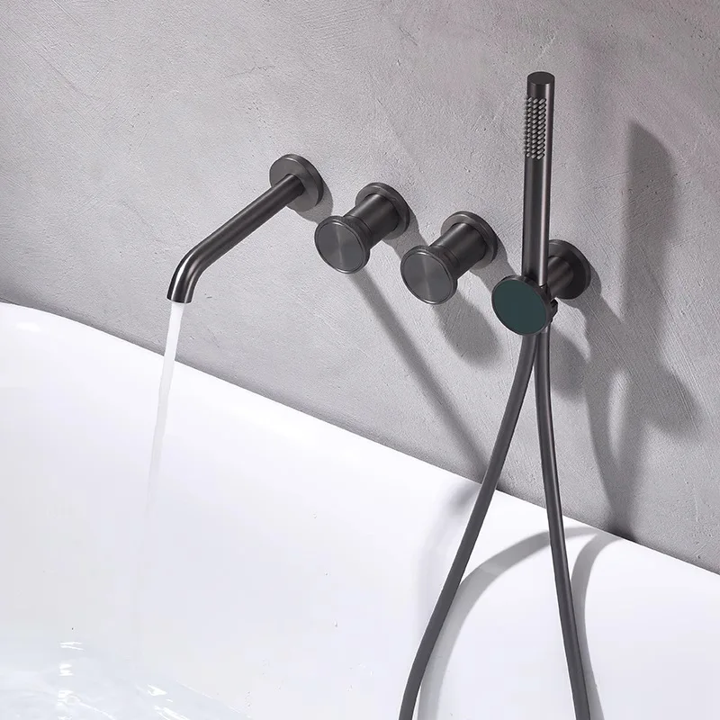 Gray Copper Wall-Mounted Hidden Installation Faucet with Cold And Hot Mixed Water Shower Head for Bathtub Simple Design Concave