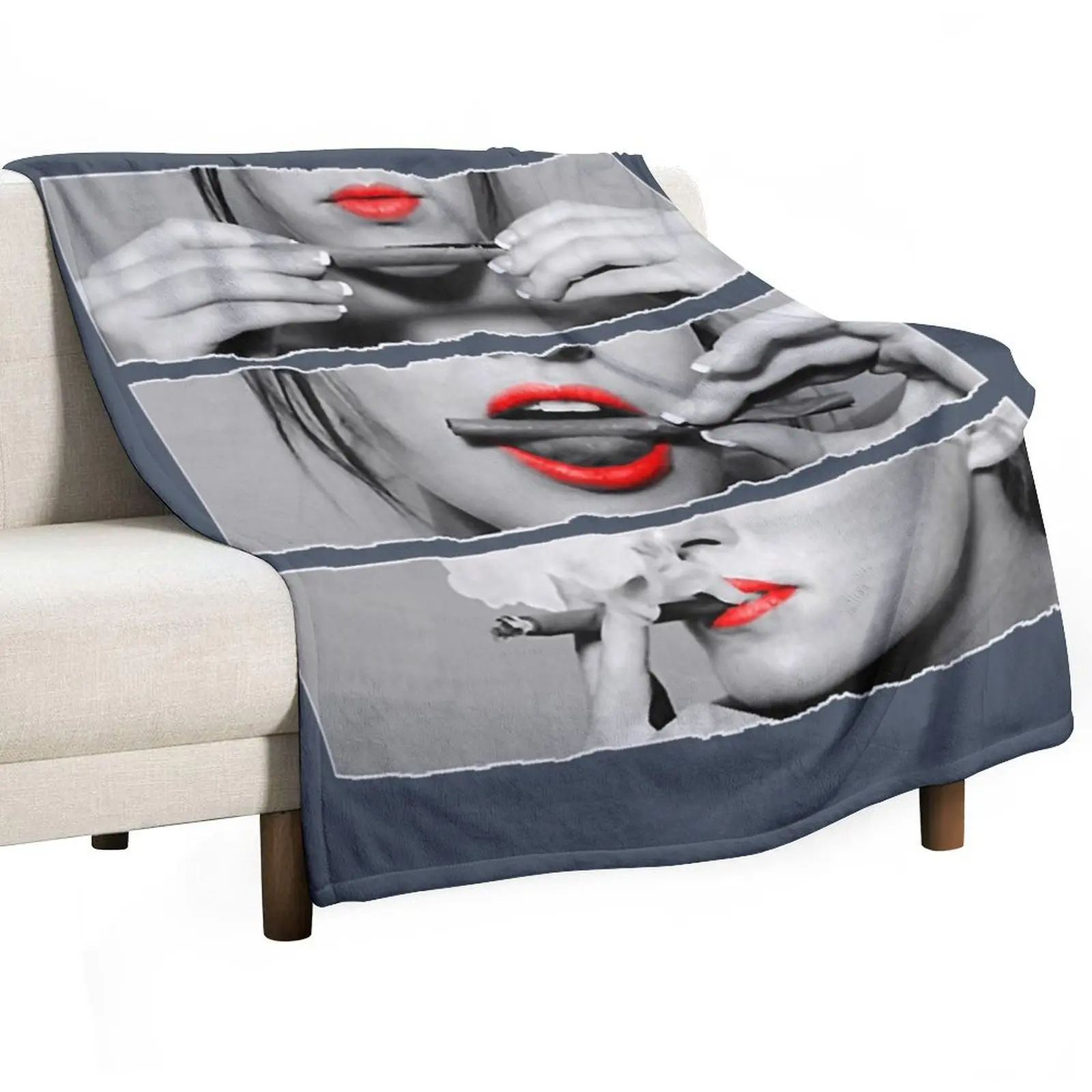 

Roll It Lick It Smoke It Red Lips Pretty Lady Smoking Throw Blanket Travel Beach Blankets