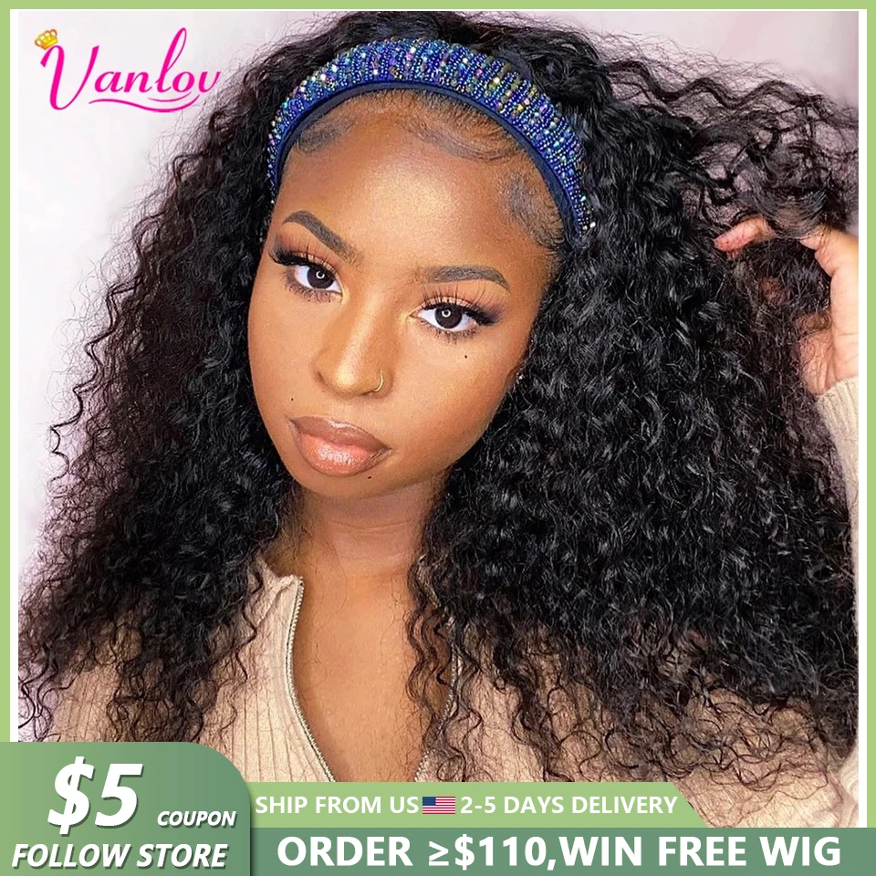 Vanlov Brazilian Water Wave Headband Wig Human Hair Glueless Full Machine Made Wigs Remy Human Hair Scarf Wig For Black Women