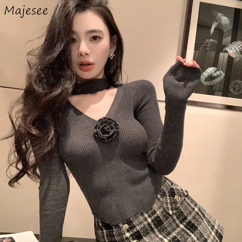 T-Shirts Women V-neck Slim Fit Sexy Spicy Girls Basic 3D Flowers Design Chic Knitwear Solid Casual Autumn Female Clothing Trendy