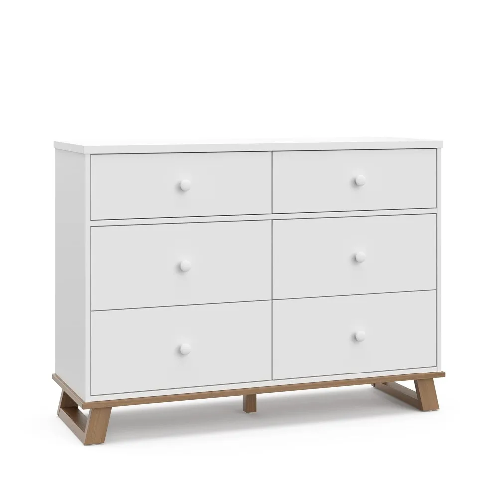 Modern 6 Drawer Double Dresser (White with Vintage Driftwood) – GREENGUARD Gold Certified, Modern Double Dresser