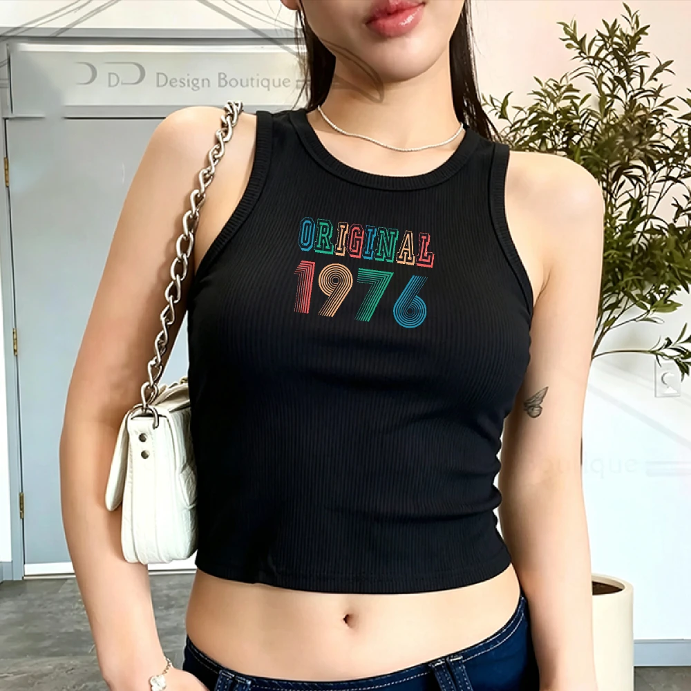 Multicolor Swirl Text Special 1976 Retro Birth Year Print Camisole Ribbed Tank Top Crop Y2K Top Women Crew Neck Cropped Slim Top