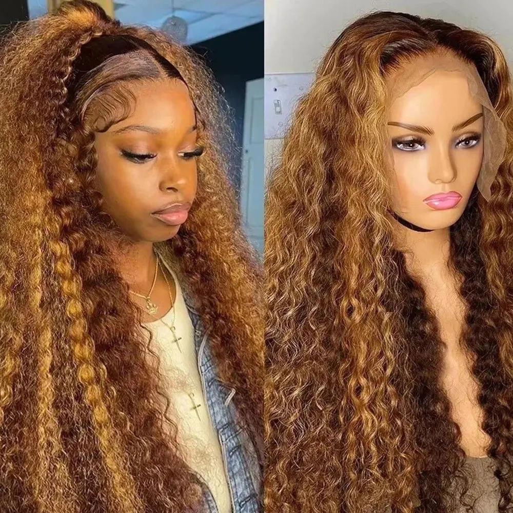 13x6 하이라이트 인모 딥 웨이브 40인치 HD 레이스 프론트 인모 가발 200% 밀도 4/27 옴브레 브라운 블론드 레이스 프론트 가발