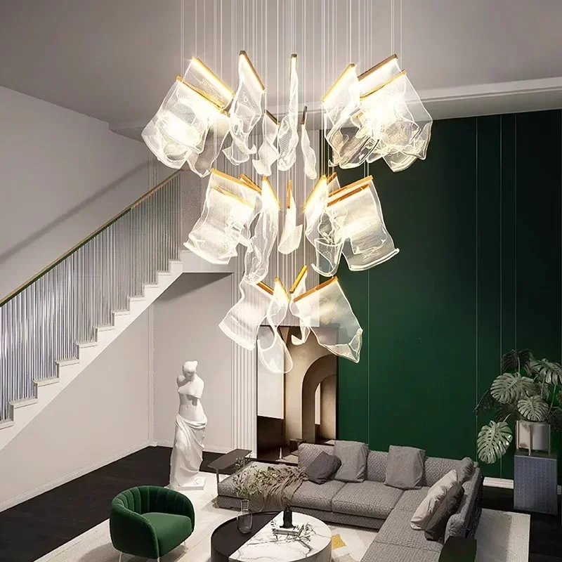 

Modern Acrylic Leaf Led Chandelier Dimmable Light Luxury Living Room Home Decor Pendant Light Loft Duplex Stair Bar Hanging Lamp