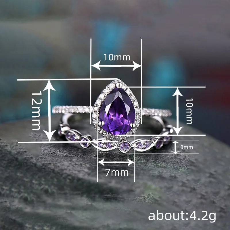 Huitan Charming Pear Purple Cubic Zircon Set Rings for Women Wedding Party Temperament Elegant Lady Accessories Fashion Jewelry view 5
