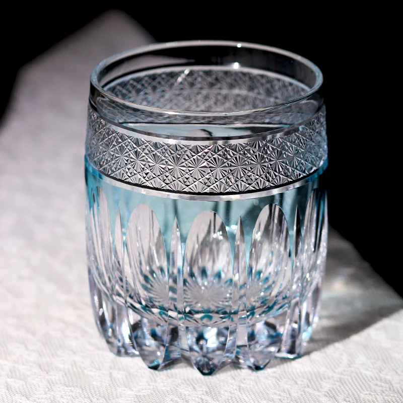 Handmade Sky Blue Rocks Whiskey Glass Tumbler with Varied Edo Kiriko Cuts Japanese Style Cocktail Glasses for Table Home Bar