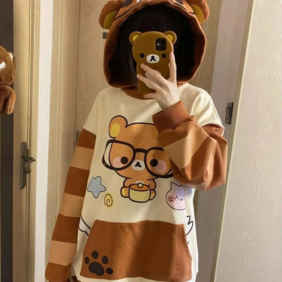 

Korejpaa Japanese Cute Sweet Hoodie Kawaii Clothes Preppy Style Hooded Long Sleeve Top Outwear Gentle Cartoon Print Sweatshirts
