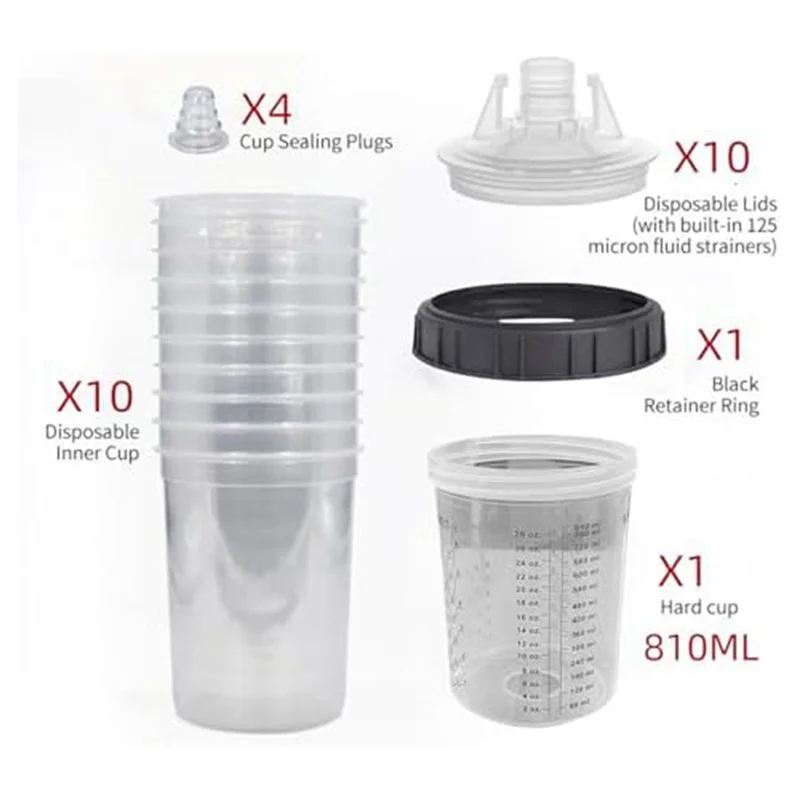 AB15-Hard Cup With Scale And Holder And Lid Spray Gunpaint Sprayer For Spray Gunfiltration System, 4 Cup Sealing Plugs