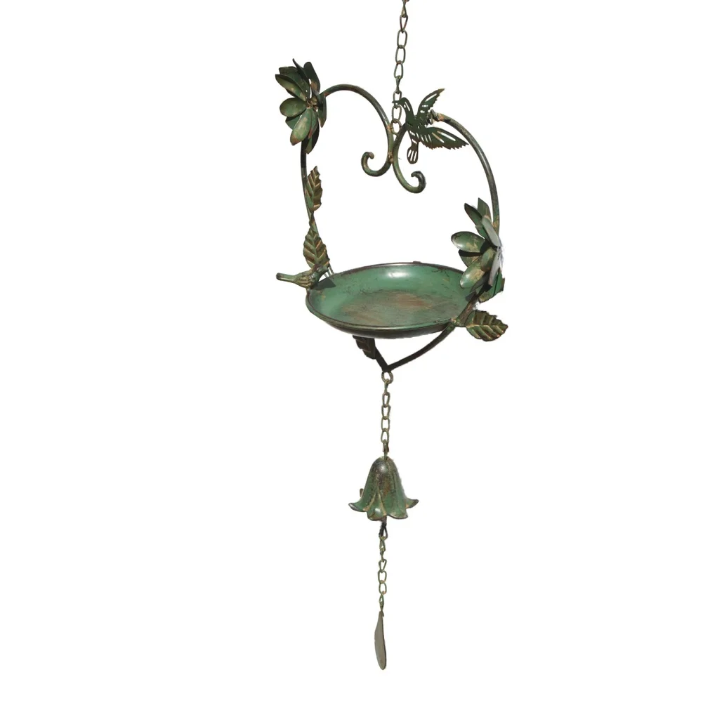 Heart Formed Bird Feeder with Bell for Outdoor Garden Use Rustic Green Iron Construction Rustic Decor All Season Durability