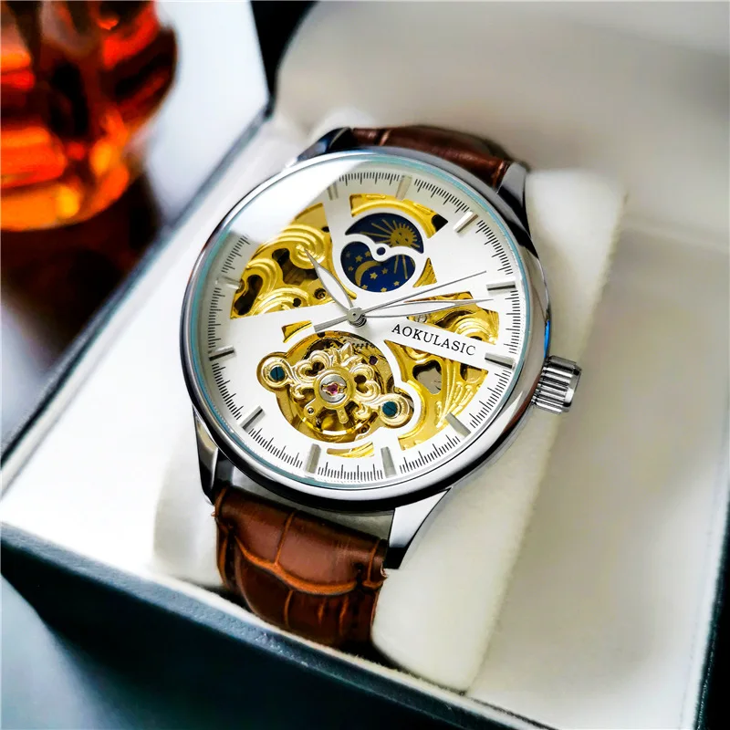 

AOKULASIC Mens Skeleton See Through Case Back Automatic Mechanical Watch Moon Phase Casual Genuine Leather Strap