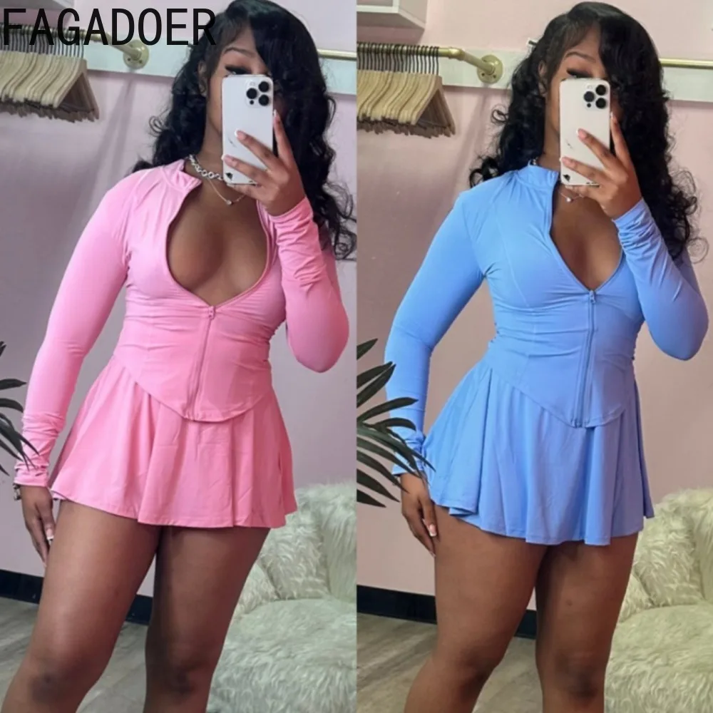 

FAGADOER 2024 INS Trendy Sporty Streetwear 2 Piece Set Women Slim Zip Coat Mini Pleated Skirts Sets (Shorts Inside The Skirt)