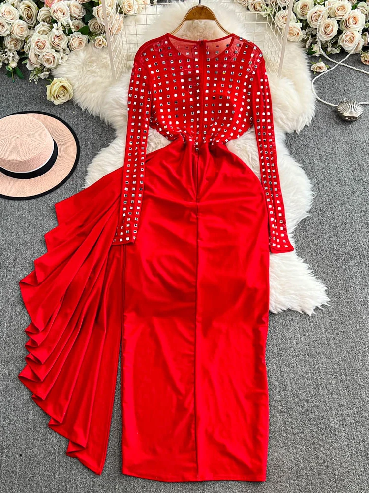 EWQ Elegant Sequin Mesh Irregular Flounce Dress 2024 Spring New Women's O-neck Long Sleeves Contrast Color Long Dresses 27X1905