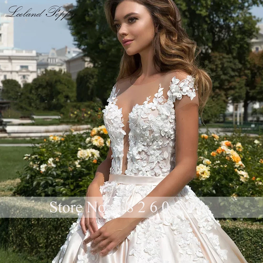 IJsland Poppy Aangepaste Ronde Hals A-lijn Satijnen Trouwjurken Vloerlengte Kapmouwtjes Bruidsjurken met Kathedraalsleep