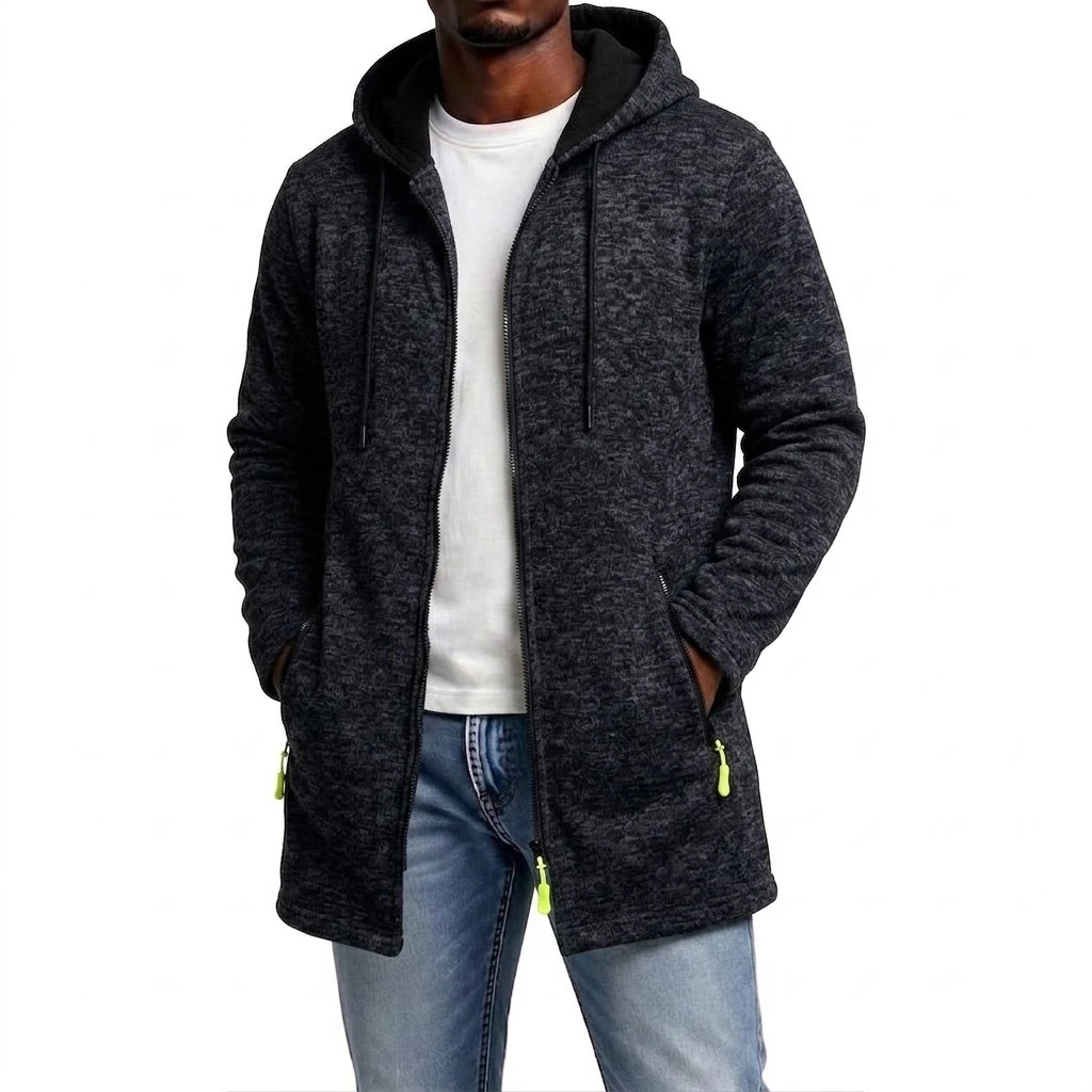 Neuer Herren-Hoodie mit Reißverschluss, lässiger mittellanger Sweatshirt-Fleece-Mantel, warmer Winter-Kapuzenmantel mit Reißverschlusstaschen. – Detail 6
