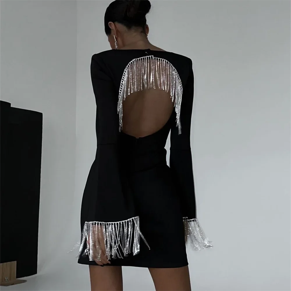 Autumn Women Square Collar Diamonds Beaded Chain Tassels Dress Open Backless Long Flared Fringed Sleeve Wrapped Dress Vestidos