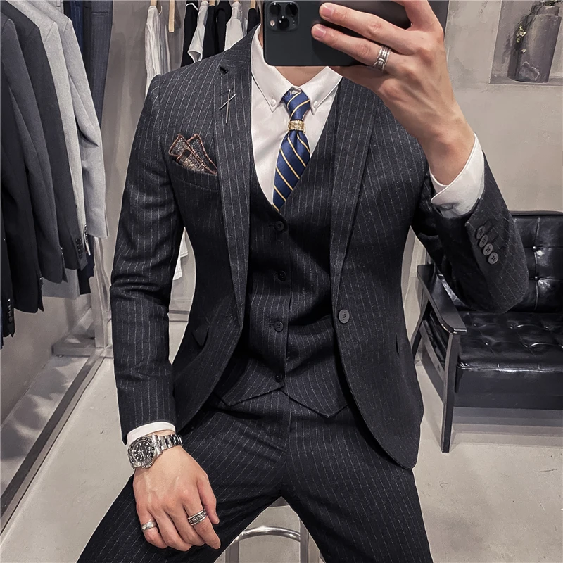 6XL 7XL (Jackets+Vest+Pants) Male Korean Blazers Slim Check British Business Suit Men Three Piece Wedding Bridegroom Man Dress