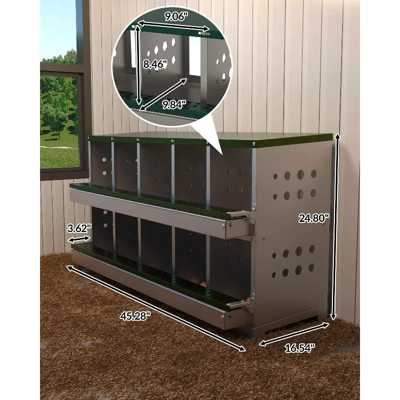 2 Layer Chicken Nesting Boxes, 10 Compartments Galvanized Steel Laying Boxes With Front Egg Tray ＆ Vent For Farm Home