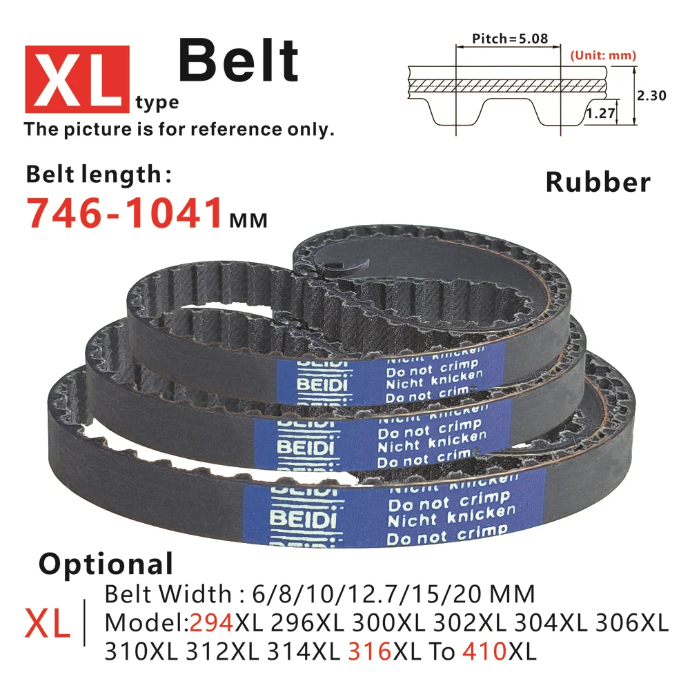 746-1041mm Length, XL Timing Belt, Model 294XL 296XL 300XL 302XL to 410XL, Rubber synchronous belt, for DIY/CNC/3D printers