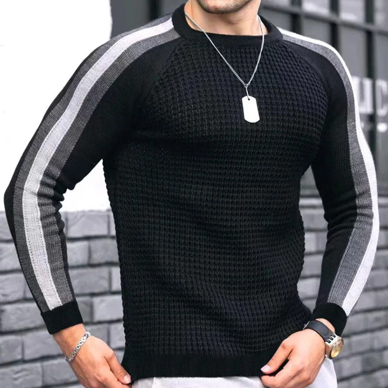 Suéter informal de punto para hombre, jerseys de manga larga con cuello redondo a rayas, abrigos de punto sólidos, Otoño e Invierno