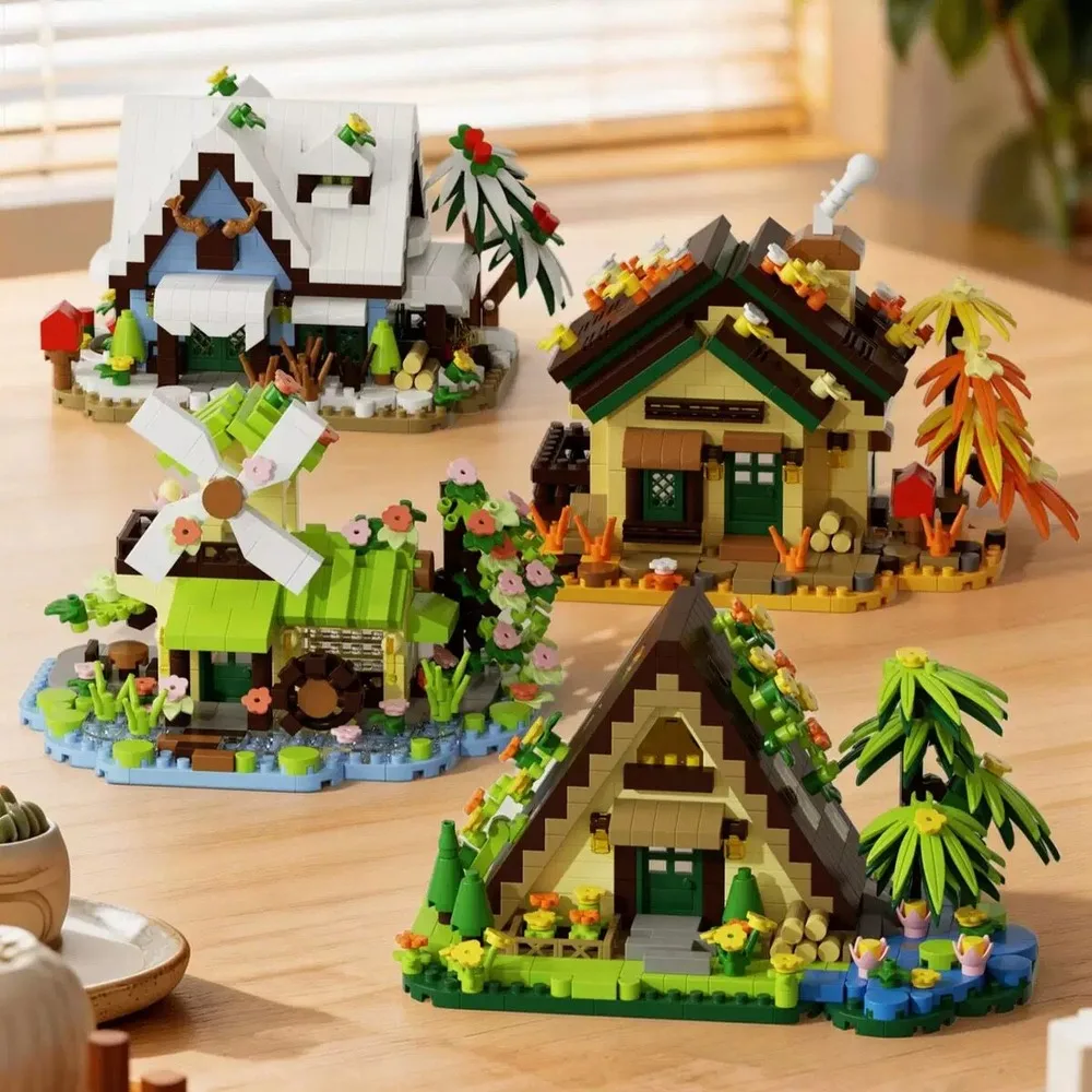 Street View Building Blocks Four Seasons Cottage House Architecture Spring Summer Autumn Winter Desktop Ornament Assembly Model