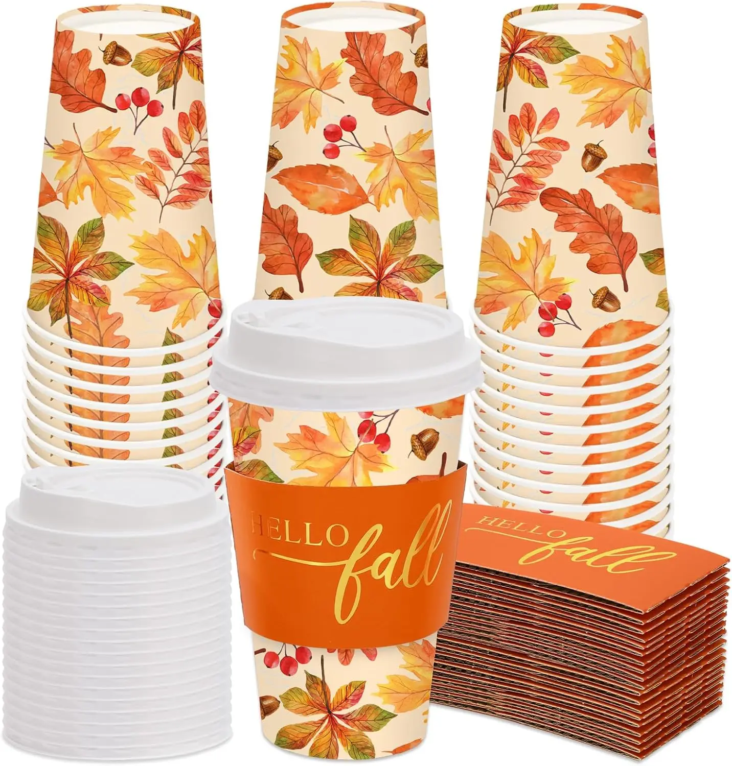

50 Sets Fall Leaves Coffee Cups with Lids and Sleeves 16oz Maple Leaf Paper Cup Disposable To Go Coffee Cup for Autumn T