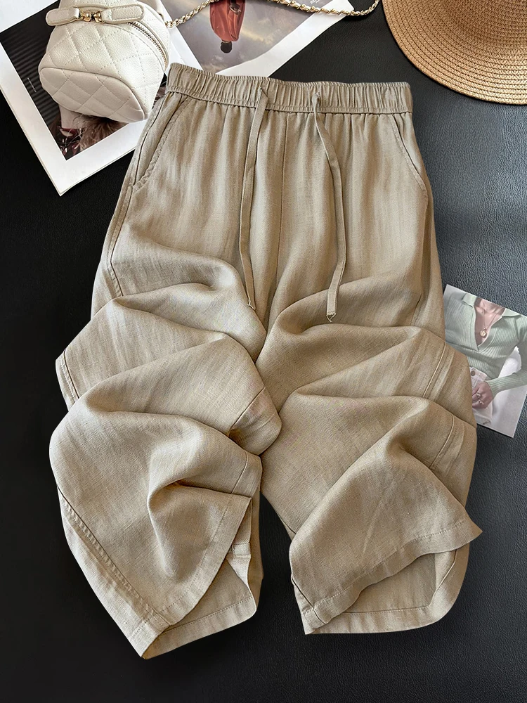 بنطلون واسع الساق للنساء صيفي جديد رقيق بخصر عالٍ نحيف من القطن والكتان مستقيم مريح وقابل للتنفس وفضفاض