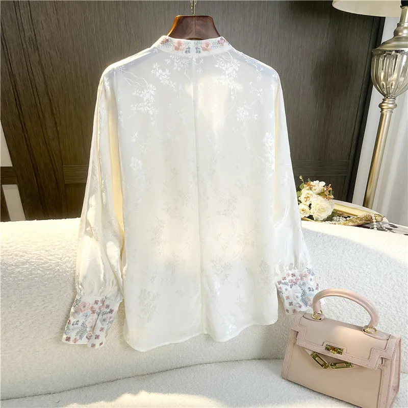 High-end Spring and Summer Embroidery Jacquard Blouse Shirt Women Fashion Elegant Loose Lady Tea Clothing Zen Top S-XXL