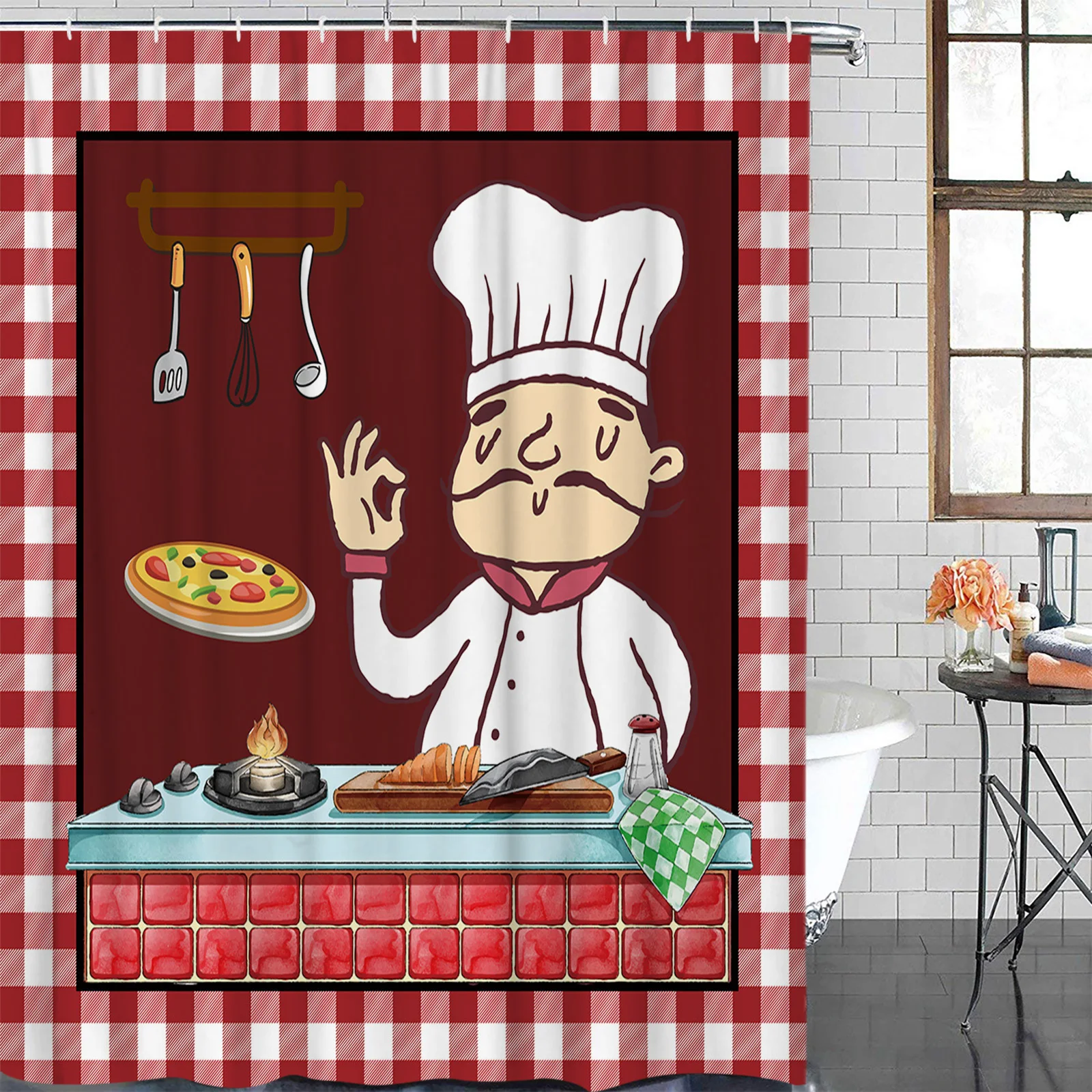 Czerwona krata kuchnia szef kuchni dla smakoszy wodoodporna dekoracja łazienki zasłona prysznicowa drukowane zasłony wanny akcesoria łazienkowe