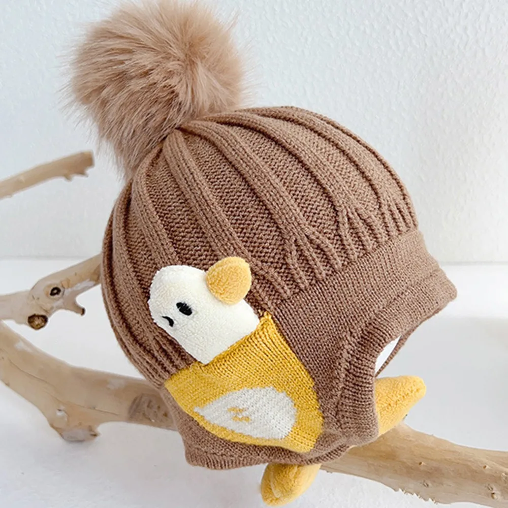 

Fashion Cartoon Duck Knitted Pompom Hat Windproof Keep Warm Beanies Cap Thickened Ear Protection Cap for Kids