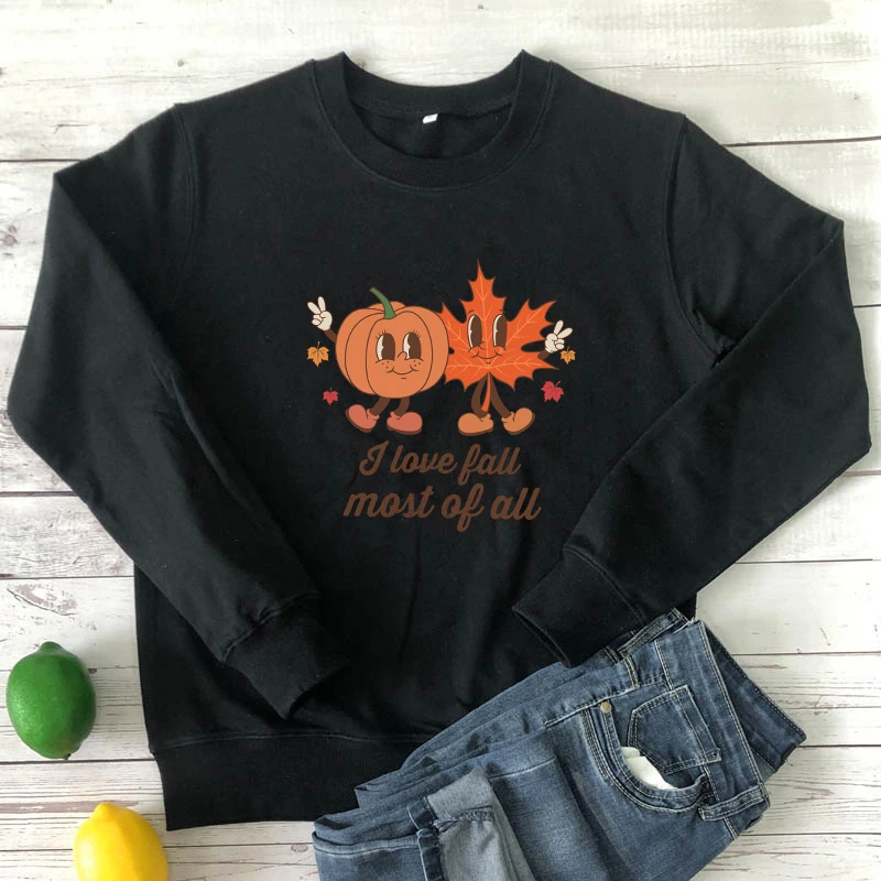 Colored I Love Fall Most of All Sweatshirt Vintage Women Long Sleeve Jumper Autumn Pumpkin Leaf Pullovers