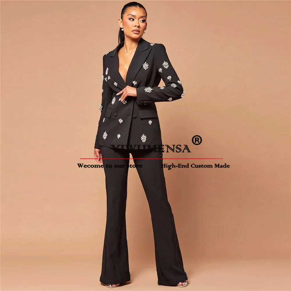 Crystals Women Suit Set Plus Size 2 Piece Jacket Pants Wedding Tuxedo Party Prom Dress Tailored Double Breasted Blazer Sets