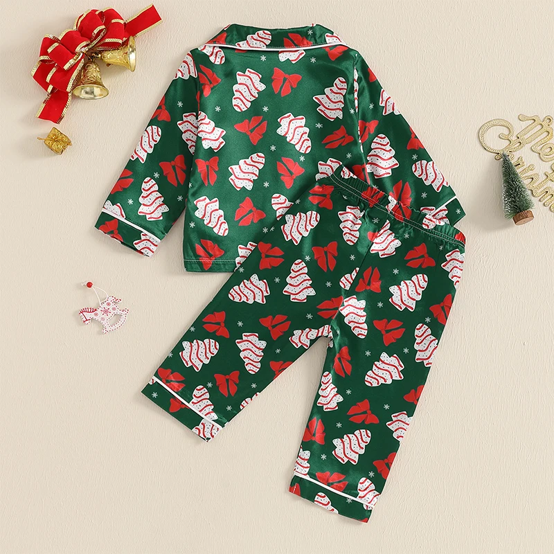 Girls Christmas Pajama Sets Long Sleeve Lapel Christmas Tree Bow Print Shirt Pants Sleepwear