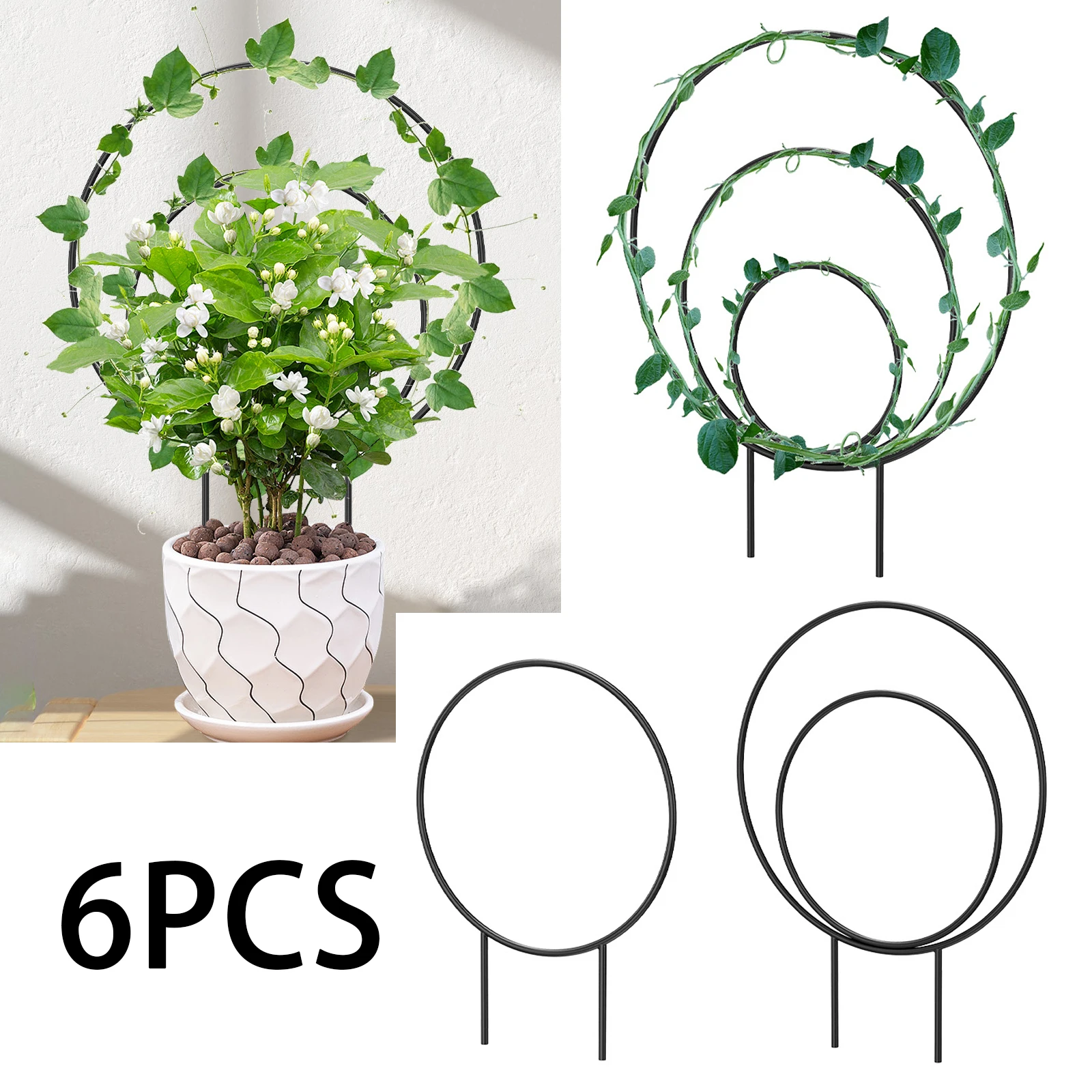 

6Pcs Plant Support Stake Stand Round Garden Vine Climbing Rack Metal Balcony Bonsai Flower Fixing Pile Trellis