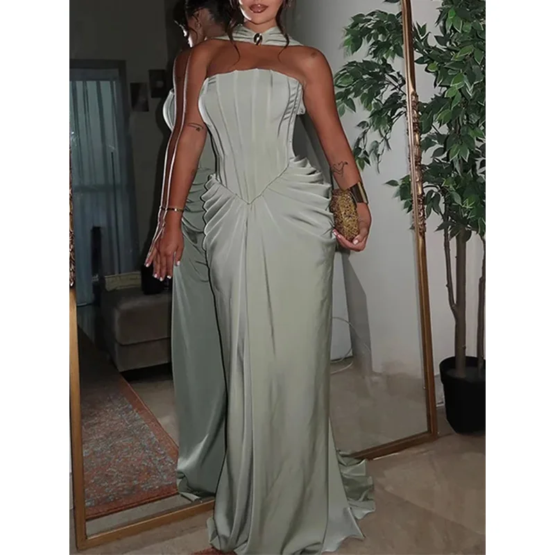 

Elegant And Sophisticated Dress 2025 Halter Style Fishbone Tube Top Pleated Silm Long Prom Party Dress For Women