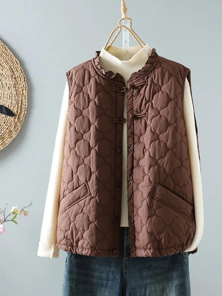 

Китайский хлопковый жилет на пуговицах с цветочной вышивкой, женская зимняя верхняя одежда, теплый топ с цветочным воротником