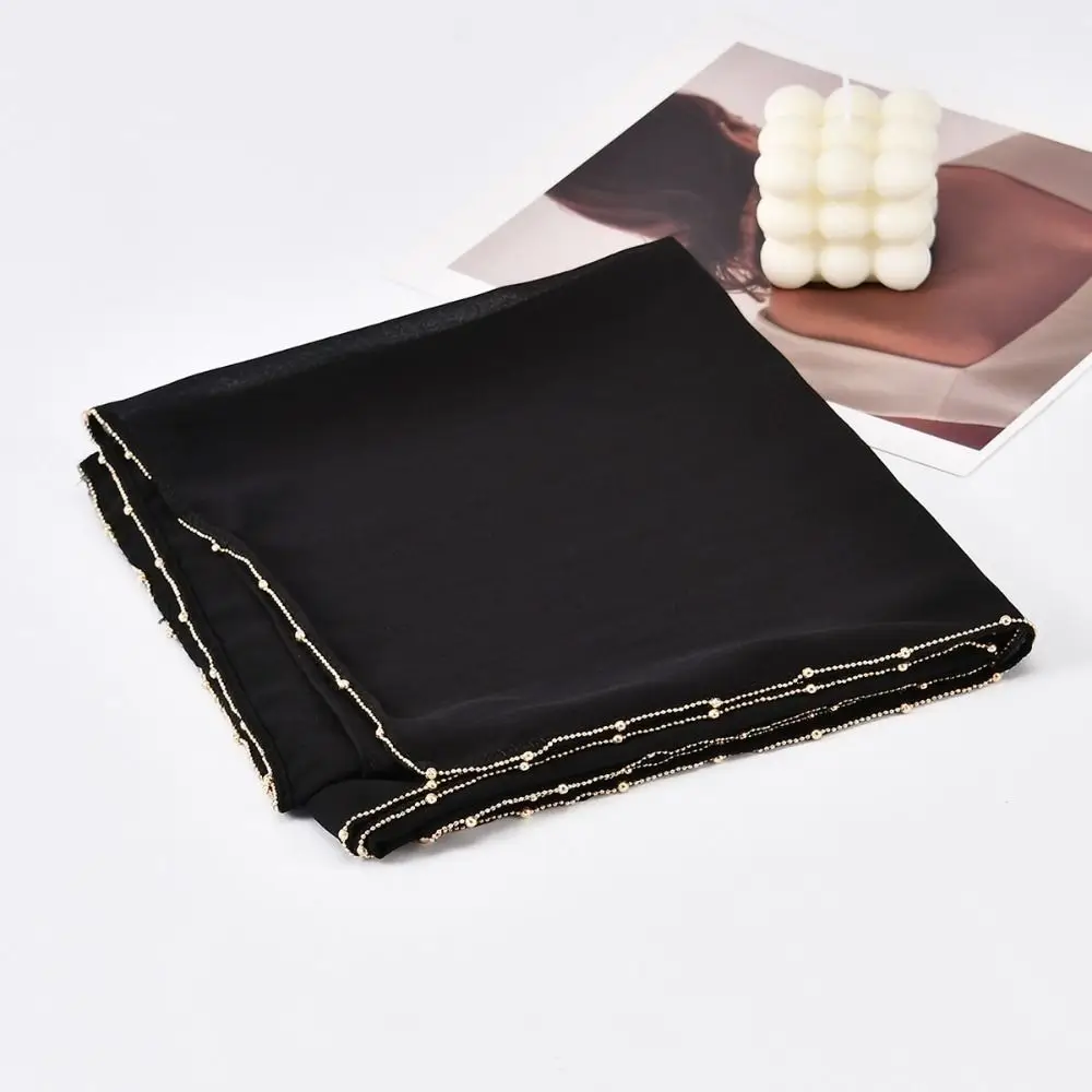 New Bead Chain Chiffon Scarves Outdoor Windproof Head Wrap Solid Color Ramadan Long Scarf Shawl Chiffon Hijab Veil