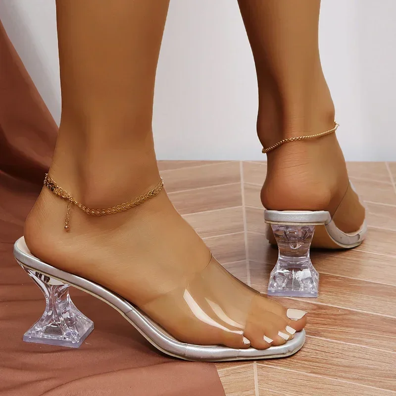 Transparent Heels Slippers Women Summer Slip on High Heeled Party Shoes Female Sexy Open Toe Square Toe Shaped Heel High Sandals