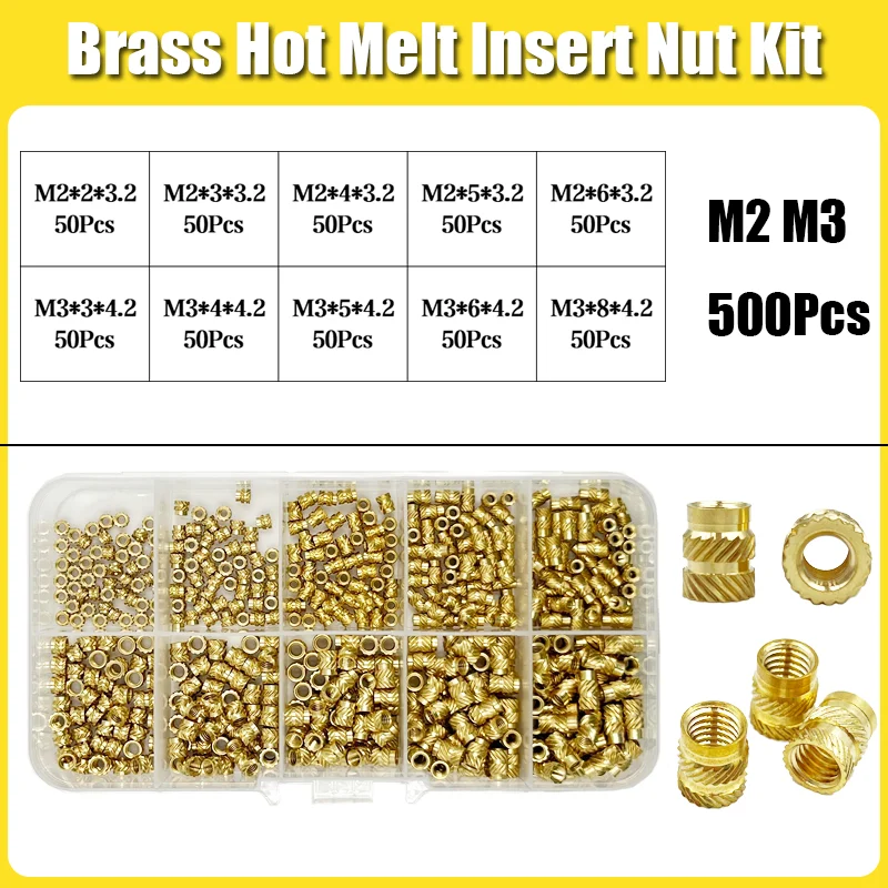 Messing-Einsatzmutter-Set mit Gewinde M2 M2,5 M3 M4 M5 M6 M8 Hot Melt Heat Rändel Embed Injection Kupfer-Einsatzmutter für 3D-Druck-Kunststoff