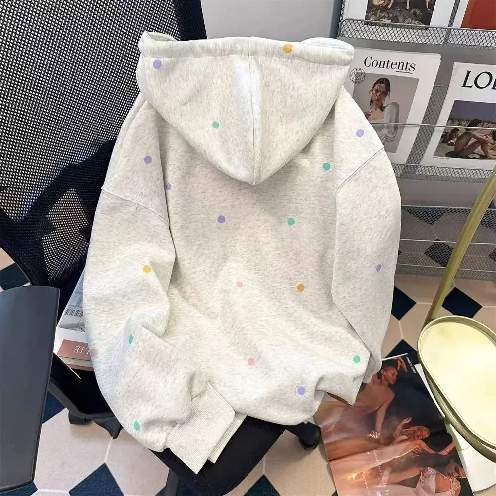 Colorful polka dot hooded sweatshirt for women's autumn and winter 2024 new Korean version loose  lazy casual cardigan jacket