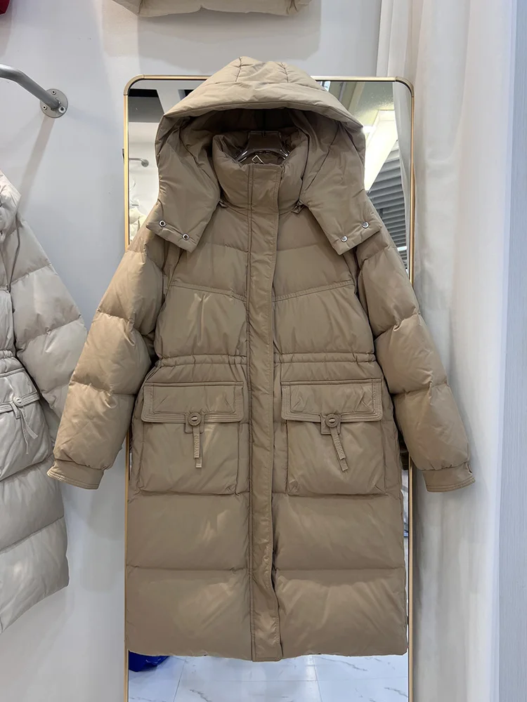 

Winter Detachable Hooded Long Parker Down Jacket Women White Duck Down Jackets Coat Female Drawstring Warm Knee Length Outwears