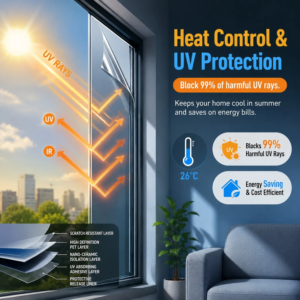 Large One Way Mirror Window Film Self Adhesive UV Block Sun Block Privacy Heat Control for Home Office Glass Door
