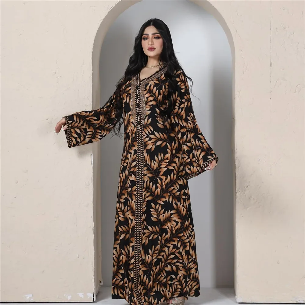 Leaf Print Jalabiya Dubai Abaya Dress for Women Eid Diamonds Moroccan Caftan Turkey Arabic Muslim Islamic Clothing Ramadan Robe