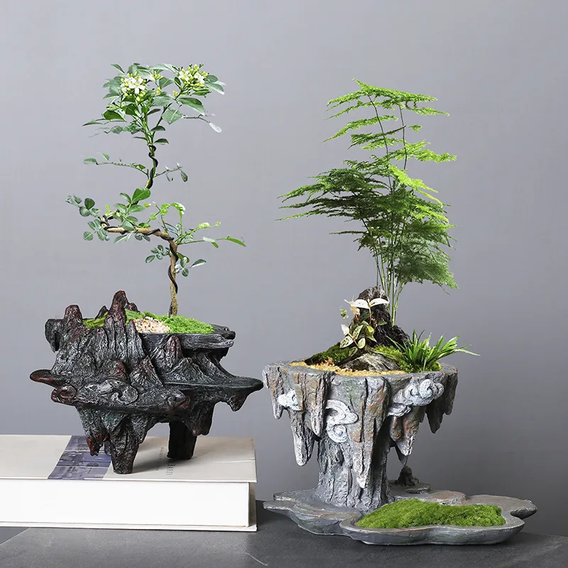 Resin Zen Bamboo Succulent Pot Chinese Style Indoor Bonsai Planter Flower Pot for Desk Home Decor
