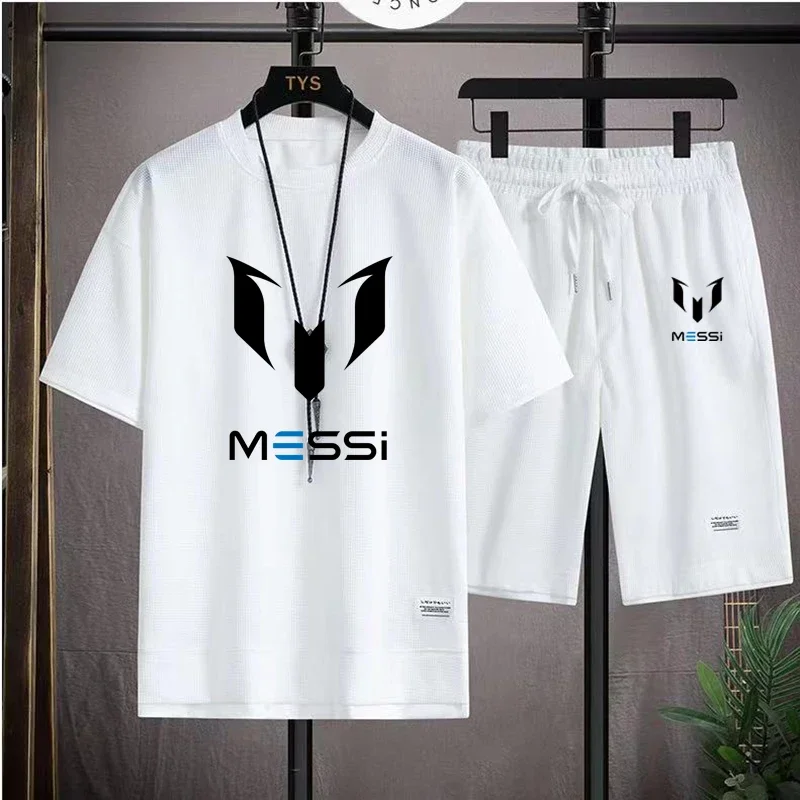 

New Waffle Summer Casual T-shirt Shorts Set Men's Sportswear Youth Loose Set